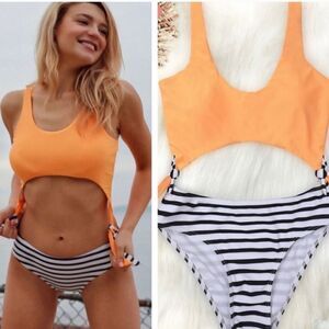 New! Vibrant Orange Stipe Bottom Bikini Or One Piece Tie Bow Sides Swimsuit